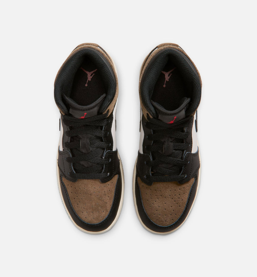 Air Jordan 1 Mid - 青少年生活方式运动鞋（黑/幻影白/帕洛米诺棕/大学红）