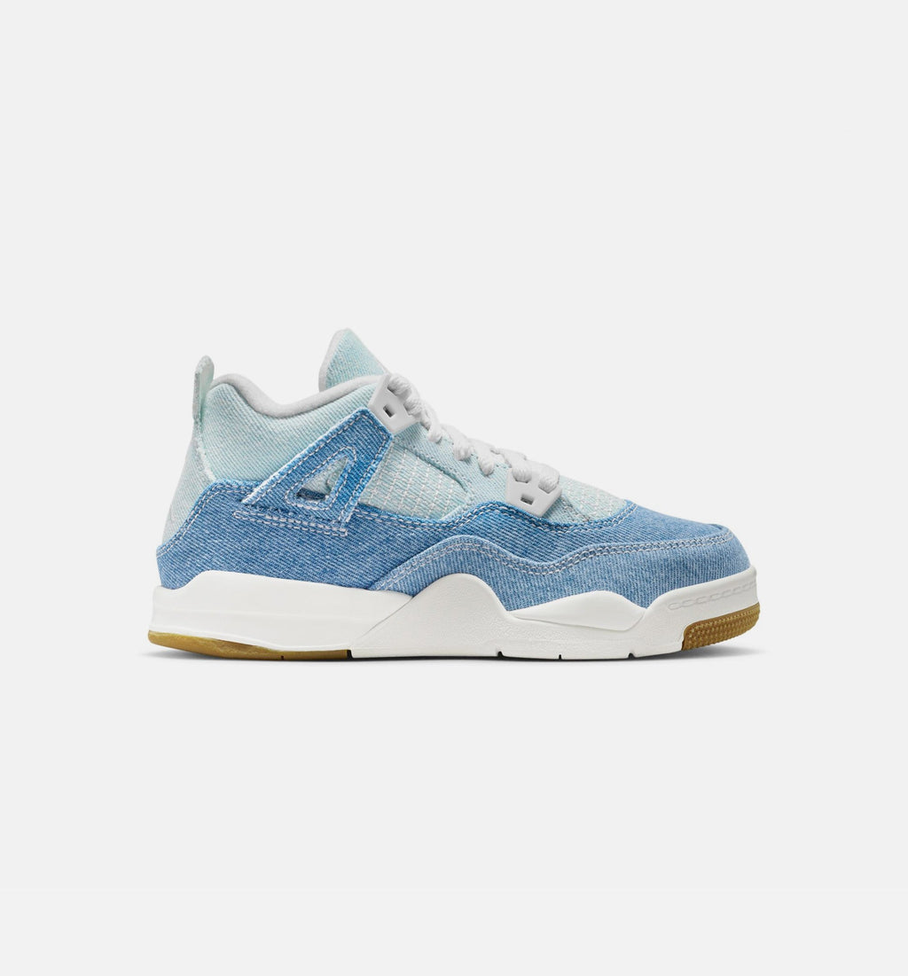 Air Jordan 4 Retro Worn Blue 学前儿童生活方式运动鞋 - 帆布白/夏旧蓝/金色